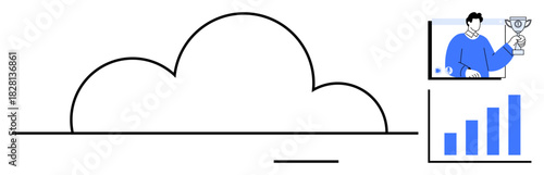 Cloud design paired with analytics chart and person holding trophy. Ideal for business growth, cloud storage, productivity, achievement, data analytics, success, digital transformation