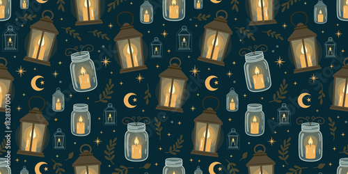 Seamless pattern with glowing lanterns, mason jars, and crescent moons on deep teal. Cozy folk art harvest textile design.