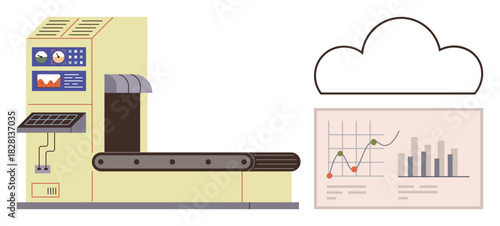 Factory machine with conveyor belt, control panel, cloud icon, and analytical graph. Ideal for industry, automation, manufacturing, technology data monitoring IoT production. Simple flat metaphor