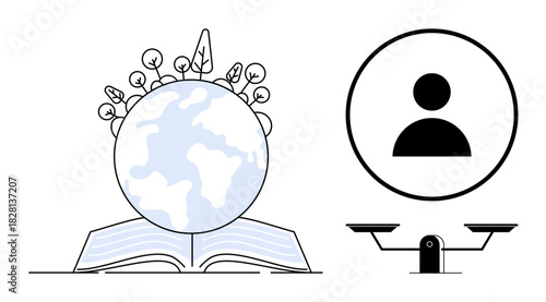 Planet Earth emerging from an open book with trees atop, symbolizing knowledge and nature, alongside a person icon on a balanced scale. Ideal for education, sustainability, equality, balance, global