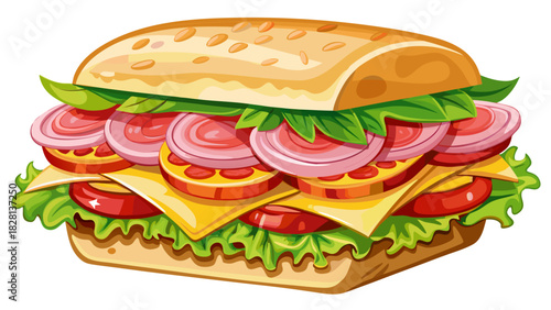 Very beautiful semi-realistic vector illustration of a sandwich with ham, cheese, and tomatoes, featuring fresh layered ingredients, crisp textures, and clean appetizing presentation on a white backgr