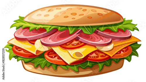 Very beautiful semi-realistic vector illustration of a sandwich with ham, cheese, and tomatoes, featuring fresh layered ingredients, crisp textures, and clean appetizing presentation on a white backgr