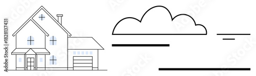 Home design concept. Minimalistic house with a cloudy sky and abstract line elements. Home design is vital for real estate, urban planning, construction, sustainability, and architecture