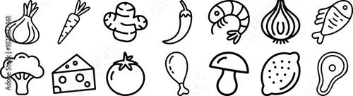 hand-drawn food doodle set with vegetables, fruits, cheese, seafood, meat, and kitchen ingredients in simple black line art style for cooking and meal design