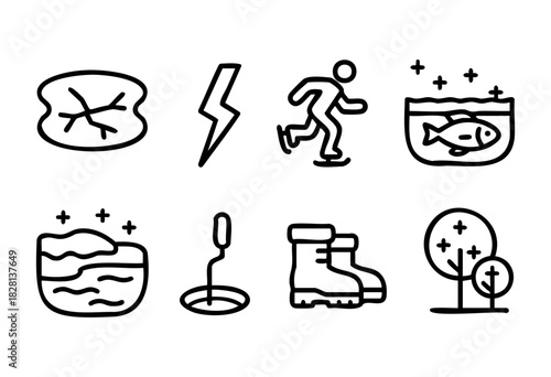 A set of eight line icons depicting winter activities and related elements, including ice fishing, ice skating, winter boots, and winter landscape elements. The style is simple and bold.