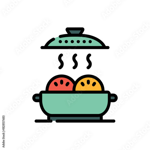 Steaming Pot with Food Icon on White Background Vector Art Illustration on white background.