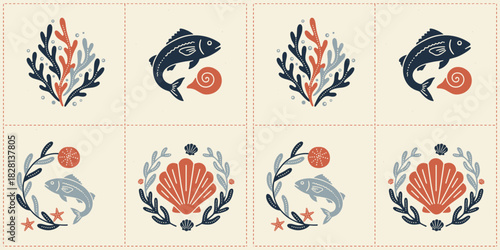 Seamless Scandinavian folk art pattern with leaping fish, seashells, and kelp in navy, coral, and slate blue on cream. Nautical textile design.
