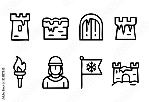 A set of eight line art icons depicting various elements related to winter, castles, and medieval times. The style is simple, bold, and easily scalable.