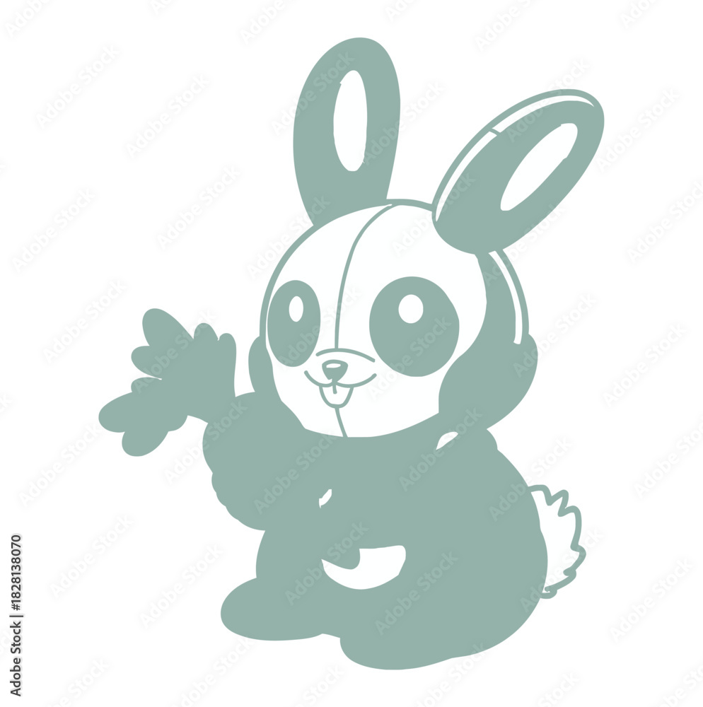 Obraz premium A cute cartoon bunny raises its paw in a friendly greeting on a white background.