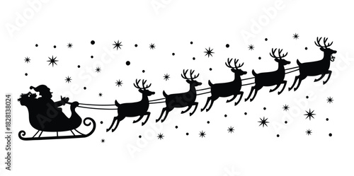 Santa Claus silhouette in a sleigh pulled by reindeer flying through a snowy night.