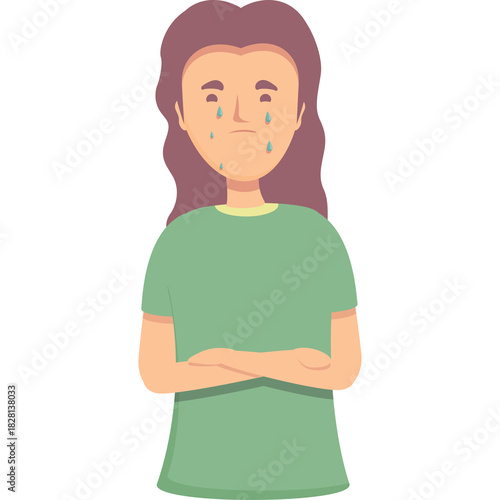 Stylized Illustration of a Woman Crying with Arms Crossed on Transparent Background Pastel Green Shirt