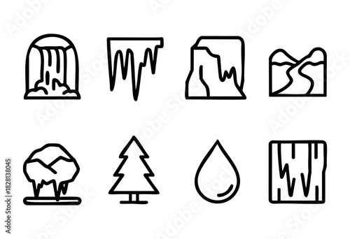 Set of eight nature-themed line icons, including waterfall, icicles, mountains, river, snow, pine tree, water drop, and wood texture. Perfect for web design, app icons, or any project requiring a simp