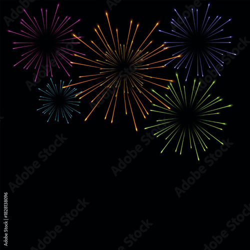 Festive multicolored fireworks PNG. Exploding various fireworks on a transparent background. Festive background.