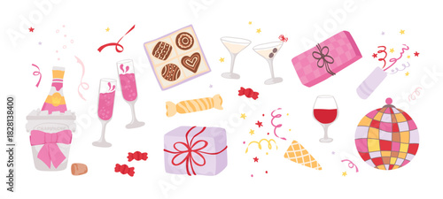 Champagne pink bachelorette party and Valentine day set. Alcohol beverage, cocktail drinks, gift boxes, chocolate candies, bottles and wine glasses. Vector illustration collection.