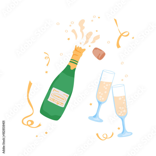 Champagne bottle with splashes and two cheers glasses. Vector illustration for New Year parties, wedding designs, event invitations, and festive card and banners.