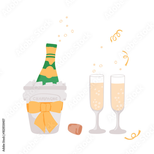 Opened bottle of champagne in ice bucket. Two wineglasses filled with alcohol drink. Vector illustration isolated on white background.