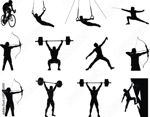 Collection of silhouette athletes performing various sports activities in black and white