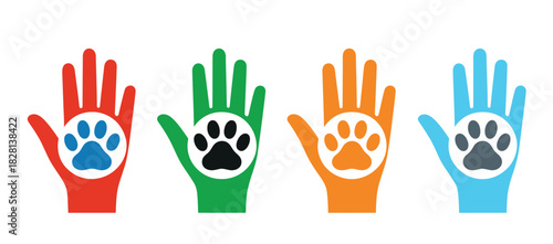 Four colorful hands with paw prints in the center signify animal care.