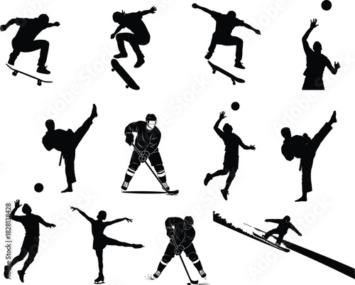 Silhouette collection of diverse sports activities and athletes in action poses
