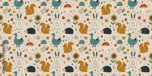 Seamless Scandinavian folk art pattern with rabbits, squirrels, and geese in mustard, teal, and rust on oatmeal. Vintage children's textile design.