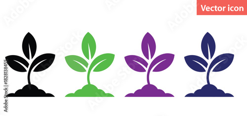 Four stylized seedlings sprout from the soil in various colors.