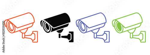 Four security cameras in different colors are displayed in a row on a white background.
