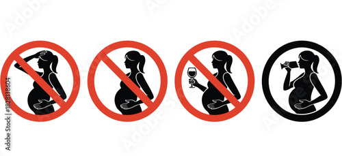 Four pregnancy warning signs illustrate prohibited actions for expectant mothers.