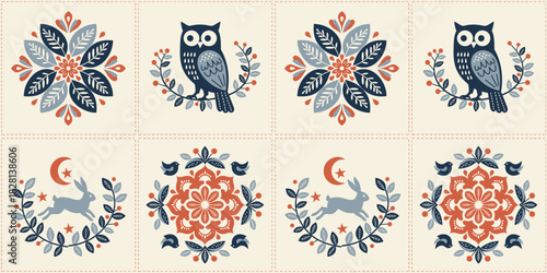 Seamless Scandinavian folk art pattern with rosettes, an owl, a leaping hare, and a mandala in navy, coral, and slate blue. Hand-printed linocut style on a cream background for textile and wallpaper.