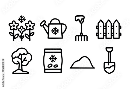 Set of eight simple line icons related to gardening and landscaping. Icons include flowers, watering can, rake, fence, tree, fertilizer bag, soil pile, and shovel. Perfect for websites, apps, or prese