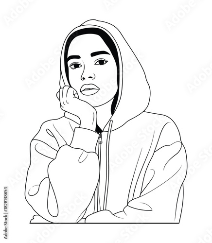 A young woman wearing a hooded sweatshirt rests her chin on her hand.