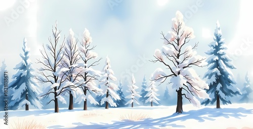 Illustration, watercolor painting of Christmasy winter wonderland trees.