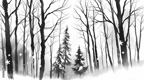 black and white delicate watercolor painting illustration of a winter forest.