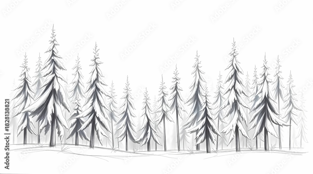 Fototapeta premium Illustration of a hand-drawn sketch of a winter wonderland forest.