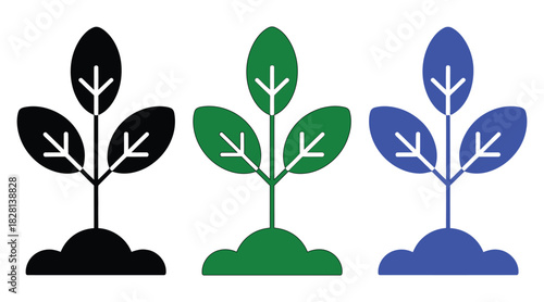 Three stylized plants in soil in black, green, and blue colors.