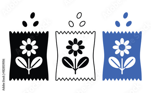 Three different packets of flower seeds are shown falling.