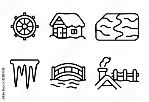 A set of six simple line icons depicting various winter or riverside scenes: water wheel, snow-covered house, river, icicles, arched bridge, and house with chimney and fence. Perfect for websites, app