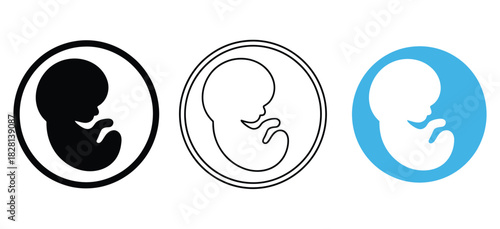Three different stylistic icons depicting a human fetus in a circle.