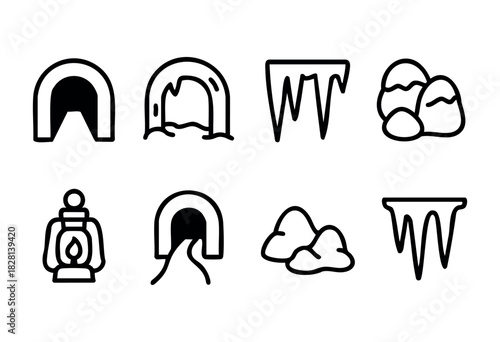 A set of eight hand-drawn line icons depicting various cave and winter elements, including cave entrances, icicles, rocks, and a kerosene lamp. The style is simple, bold, and suitable for various appl
