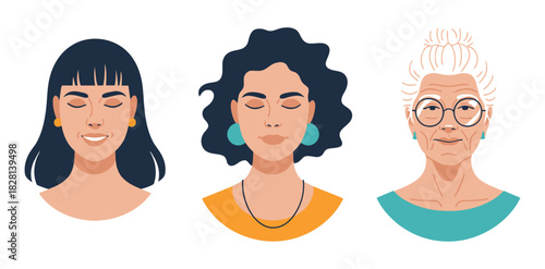 Three women of different ages with closed eyes and neutral expressions.
