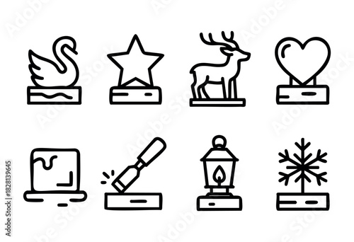 Collection of eight line art icons depicting various decorative figurines on stands. The style is simple, bold, and suitable for various applications.
