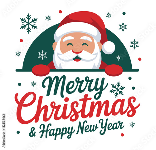 Merry Christmas and Happy New Year greeting with Santa Claus illustration and snowflakes