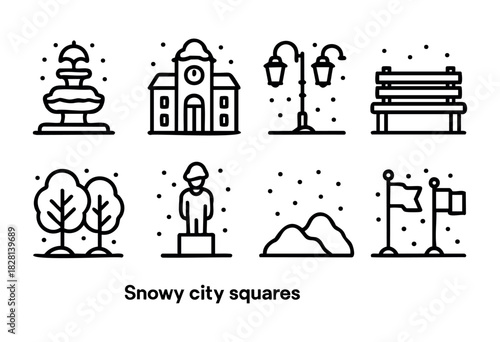 Set of eight line icons depicting various elements of a snowy city square: fountain, building, lamppost, bench, trees, statue, snowdrifts, and flags. Perfect for winter-themed designs, city guides, or