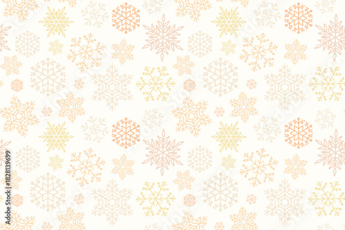 Golden snowflakes seamless pattern on white background. Flat gold festive snowflakes pattern for textile, wrapping paper