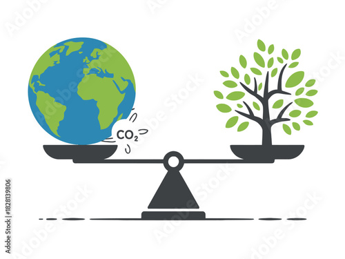A scale balances the Earth with a tree, symbolizing environmental balance and sustainability.