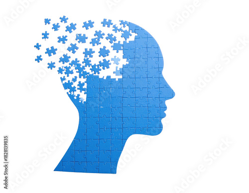 Wallpaper Mural Blue silhouette of a head filled with jigsaw puzzle pieces, some floating above Torontodigital.ca