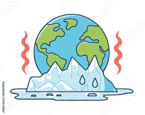 The Earth is shown melting with icebergs as a symbol of climate change and global warming.