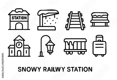 Set of eight line icons depicting a snowy railway station, including station buildings, a railway track, a bench, a street lamp, a train carriage, and a suitcase. The style is simple, bold, and black 