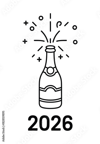 A bottle of champagne erupts with celebratory sparks above the year 2026.
