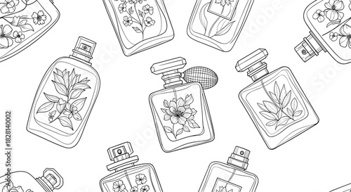 An elegant seamless pattern of various perfume bottles with floral engravings in a black and white line art style for coloring.