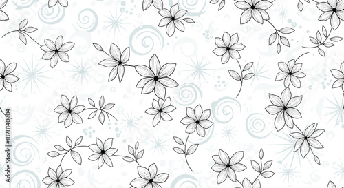 An elegant seamless floral pattern featuring delicate hand-drawn outline flowers leaves light blue swirls and stars on a white space.